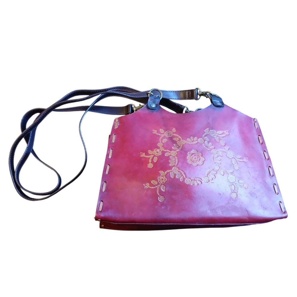 Artisan Red Tooled‎ Leather Floral Crossbody Bag Whipstitch Boho Shoulder Bag